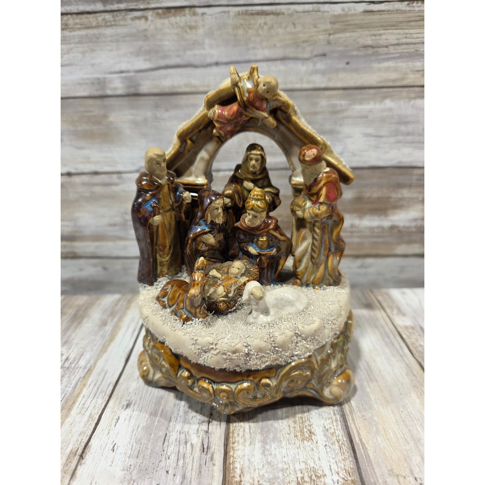 Vintage Ceramic Nativity Scene Christmas Decor with Angel and Animals‎ Music Box